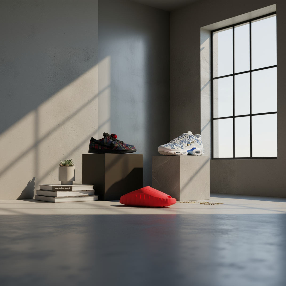 Premium lifestyle product image featuring Nike Mind 001 Slide, Nike SB Dunk Nardwuar, and Air Max Plus Lisboa - global hype